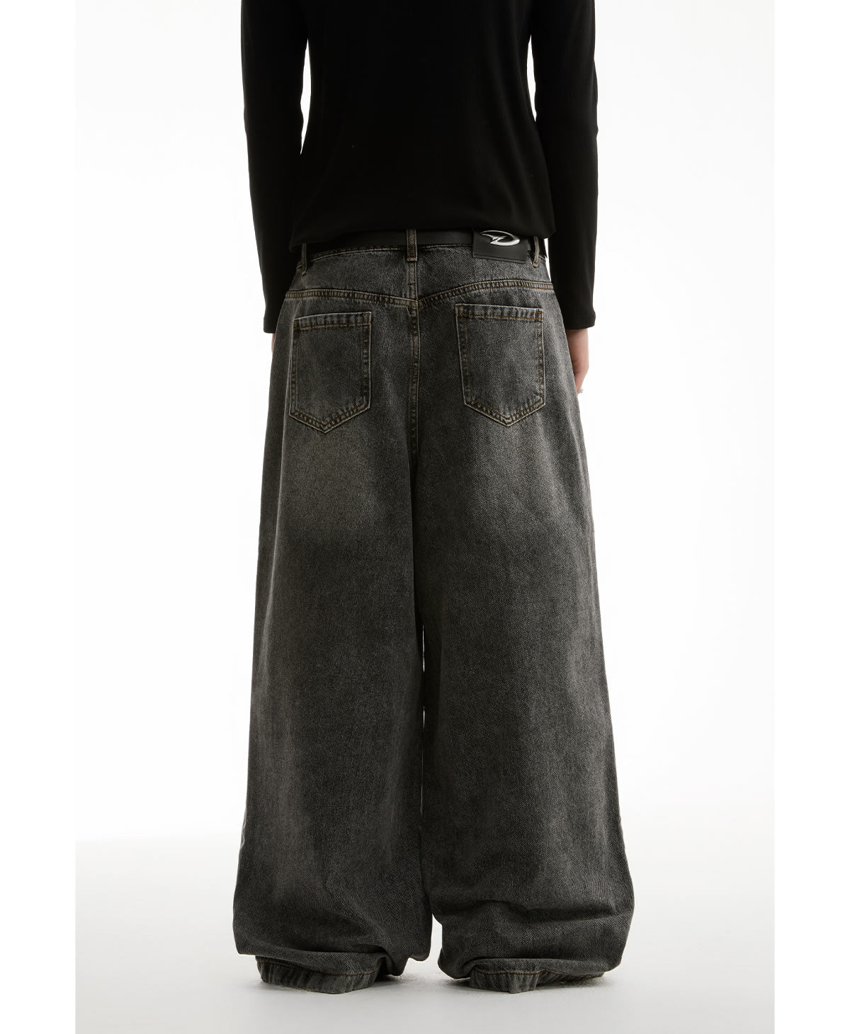 Washed Charcoal Wide Leg Crescent Pockets Denim Pants [ID:0309PA]