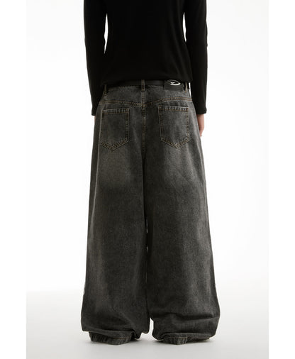 Washed Charcoal Wide Leg Crescent Pockets Denim Pants [ID:0309PA]