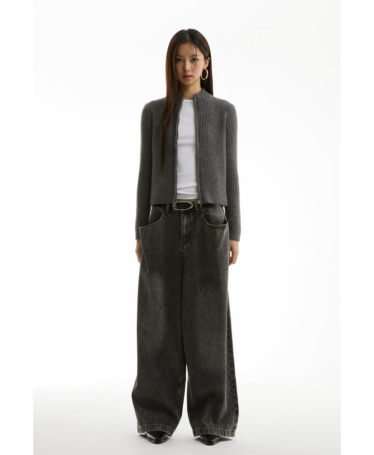 Washed Charcoal Wide Leg Crescent Pockets Denim Pants [ID:0309PA]