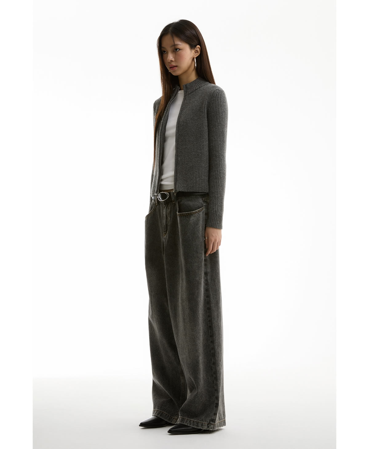 Washed Charcoal Wide Leg Crescent Pockets Denim Pants [ID:0309PA]