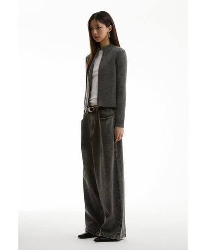 Washed Charcoal Wide Leg Crescent Pockets Denim Pants [ID:0309PA]