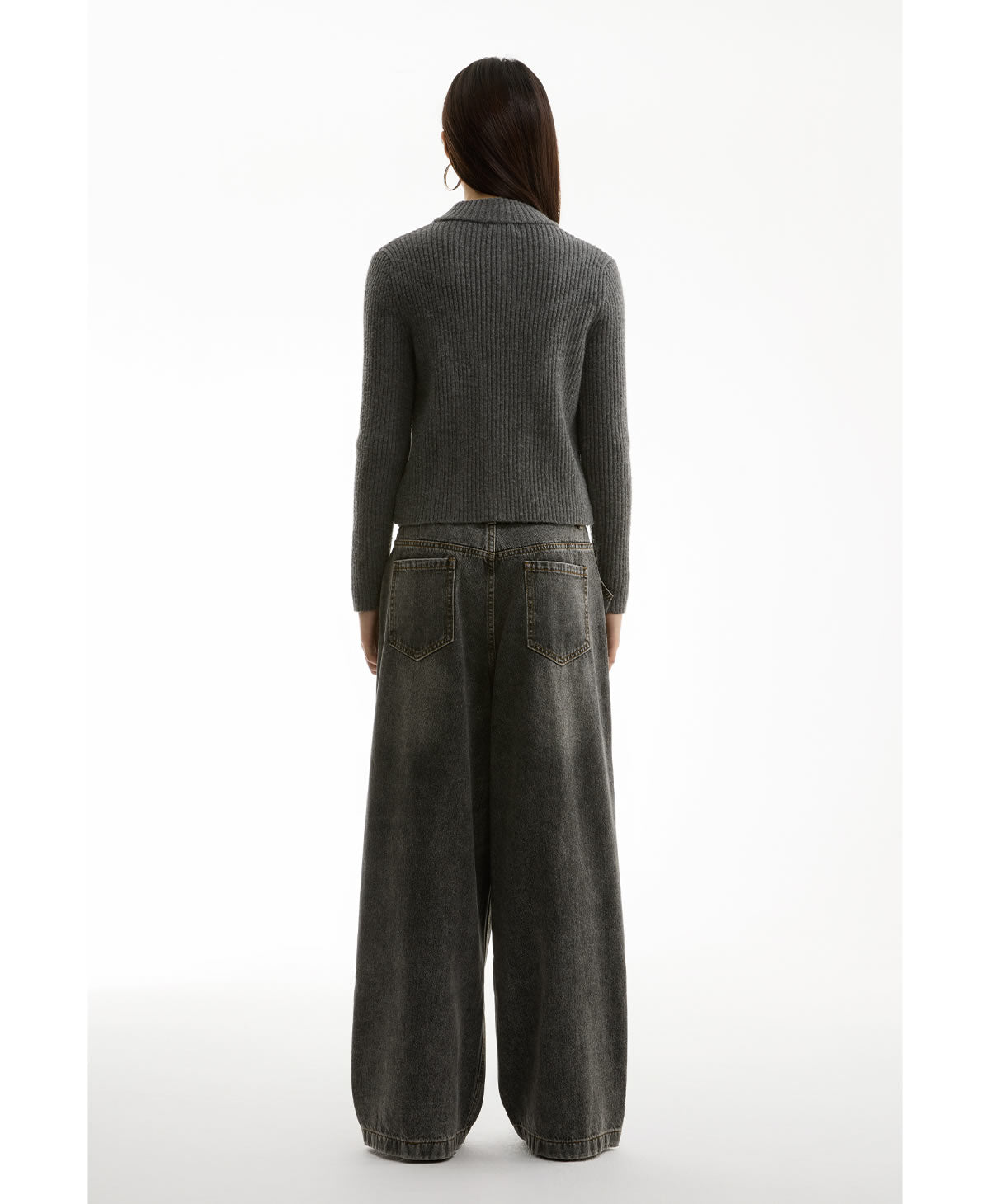 Washed Charcoal Wide Leg Crescent Pockets Denim Pants [ID:0309PA]