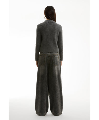 Washed Charcoal Wide Leg Crescent Pockets Denim Pants [ID:0309PA]