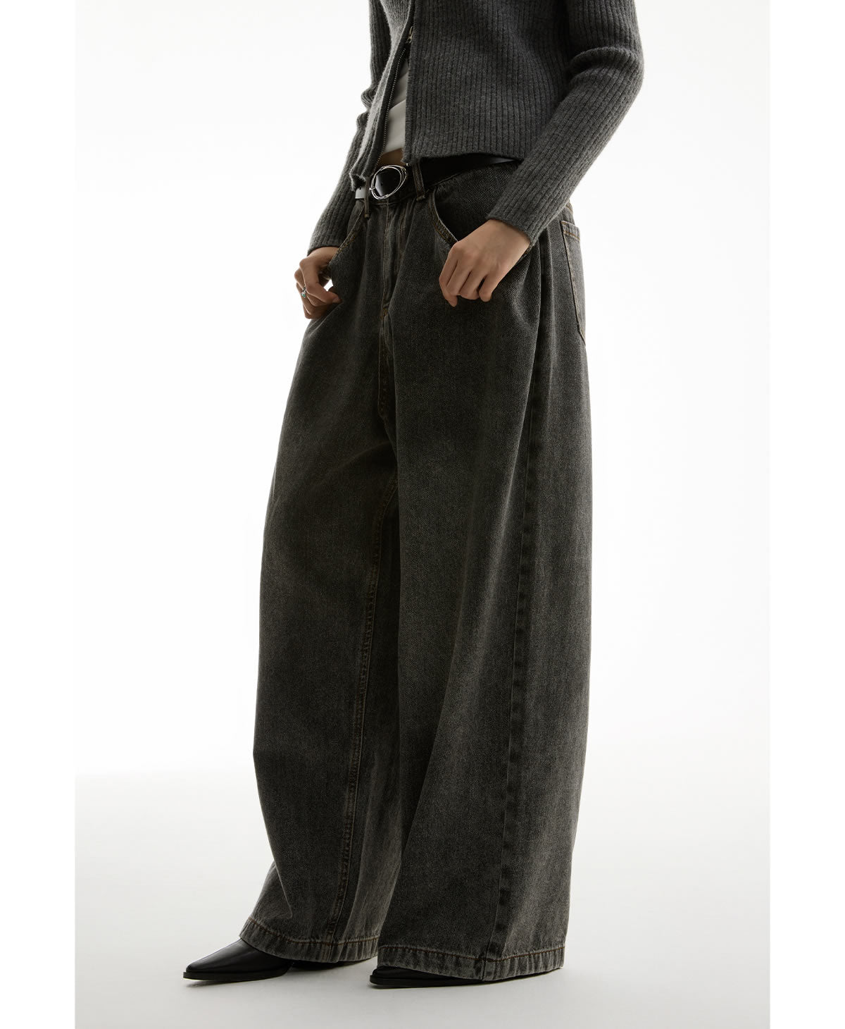 Washed Charcoal Wide Leg Crescent Pockets Denim Pants [ID:0309PA]