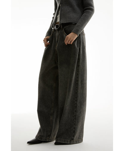 Washed Charcoal Wide Leg Crescent Pockets Denim Pants [ID:0309PA]