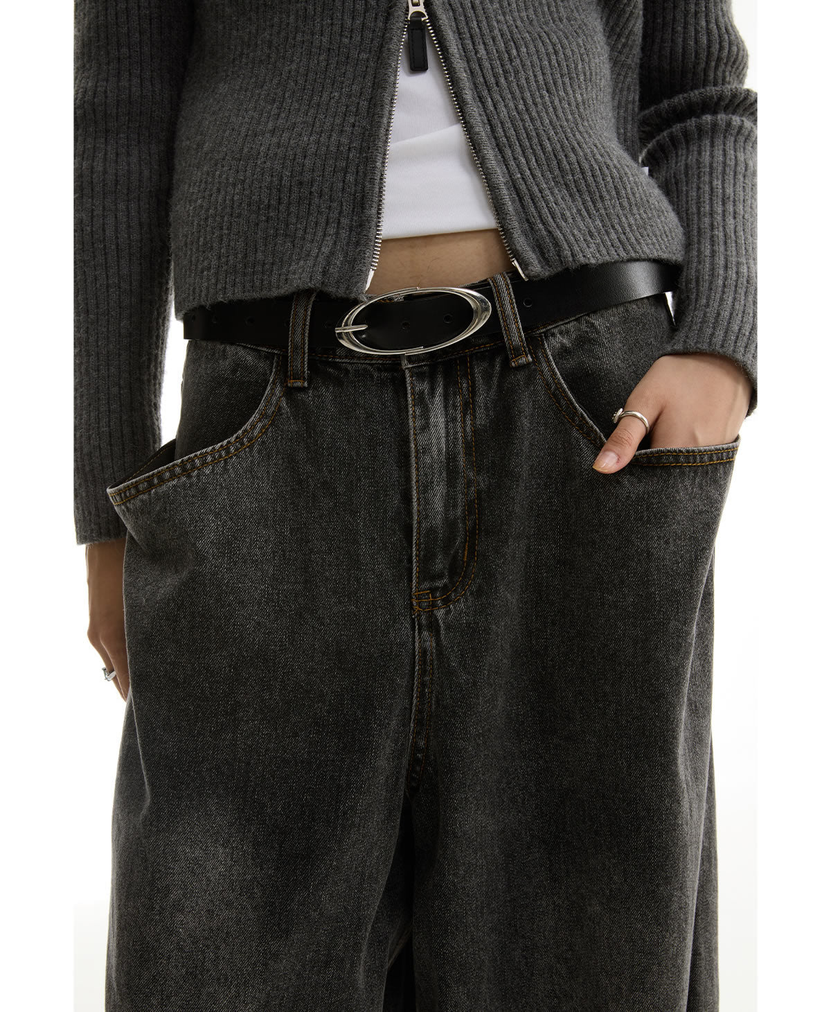 Washed Charcoal Wide Leg Crescent Pockets Denim Pants [ID:0309PA]