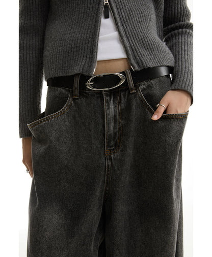 Washed Charcoal Wide Leg Crescent Pockets Denim Pants [ID:0309PA]