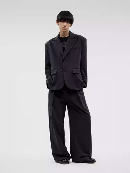 Dark Pinstripe Wide Pleated Relaxed Straight Pants [ID:0310PA]
