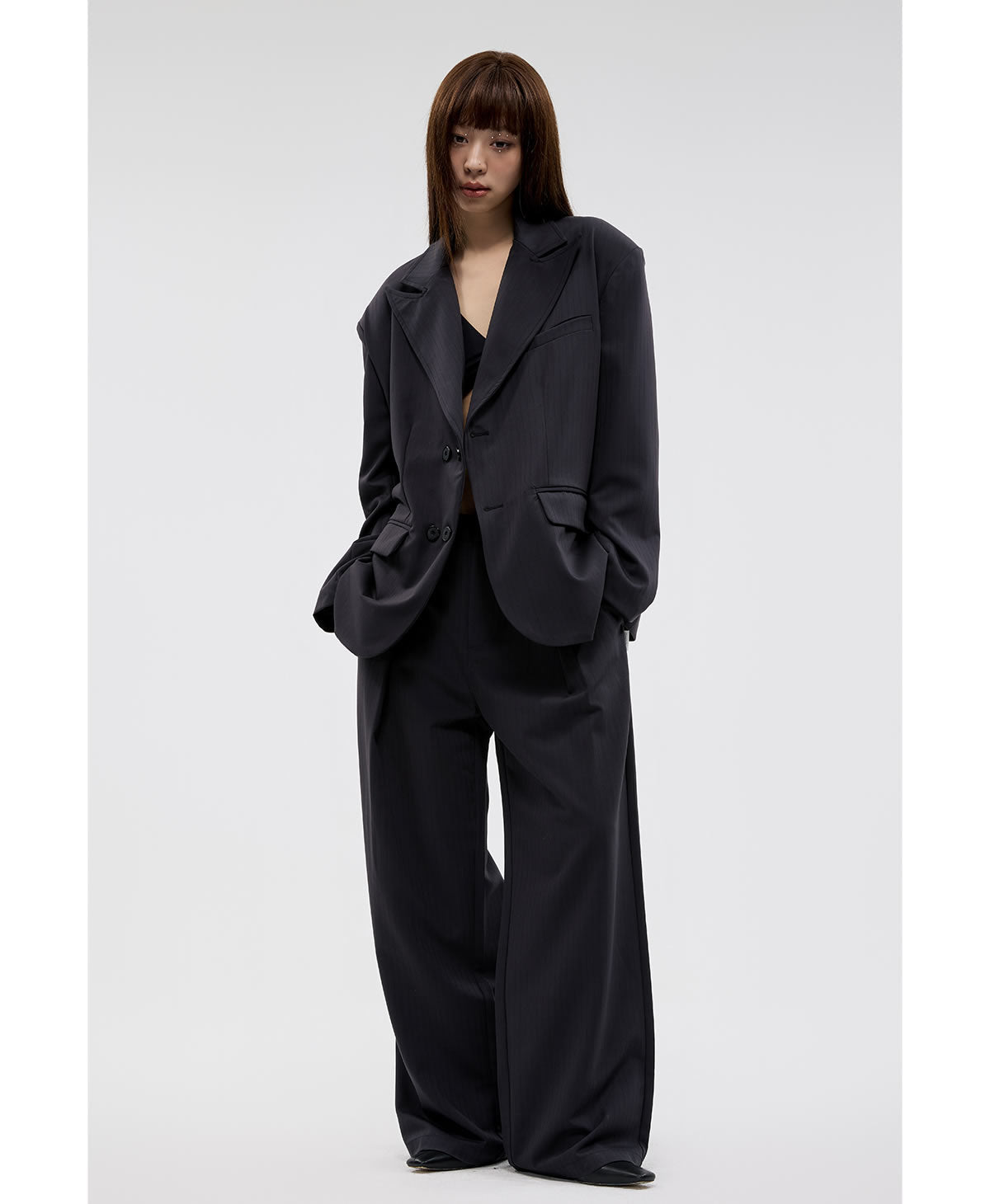 Dark Pinstripe Wide Pleated Relaxed Straight Pants [ID:0310PA]
