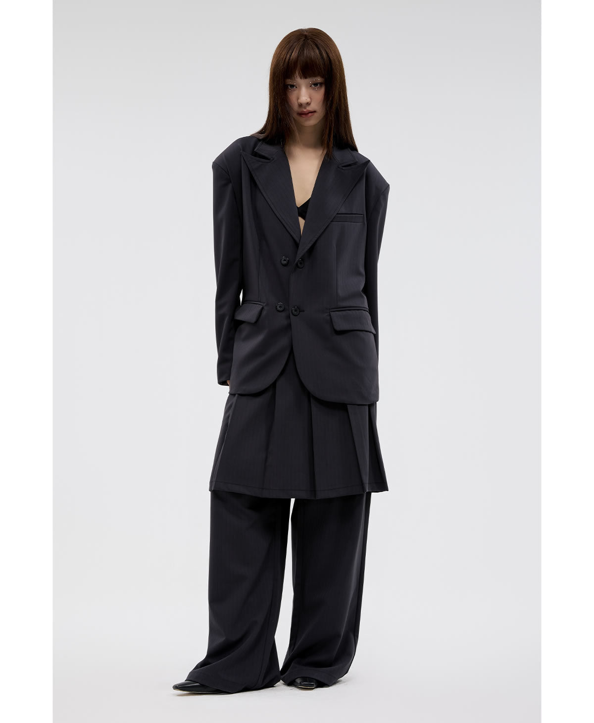 Dark Pinstripe Wide Pleated Relaxed Straight Pants [ID:0310PA]
