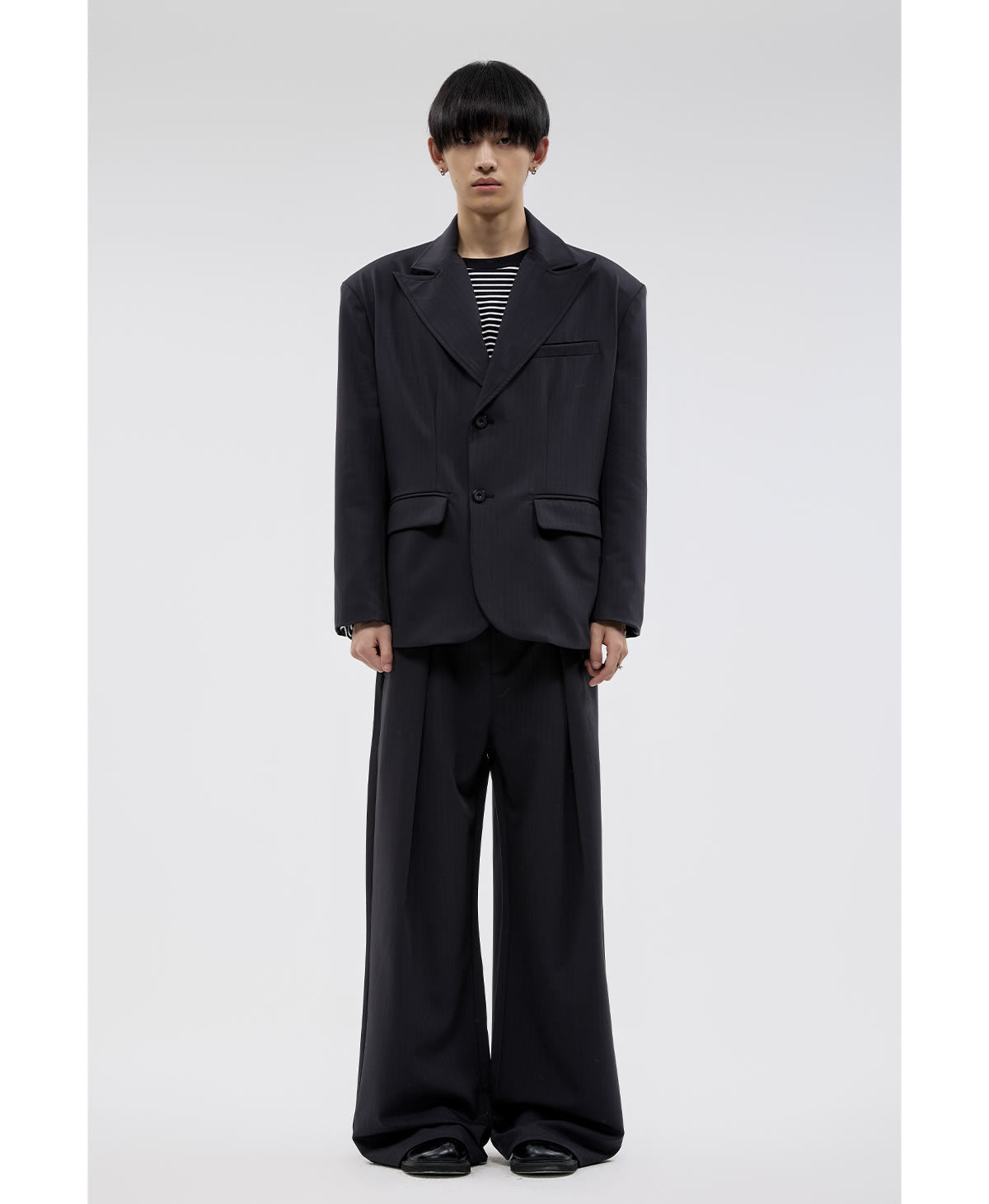 Dark Pinstripe Wide Pleated Relaxed Straight Pants [ID:0310PA]