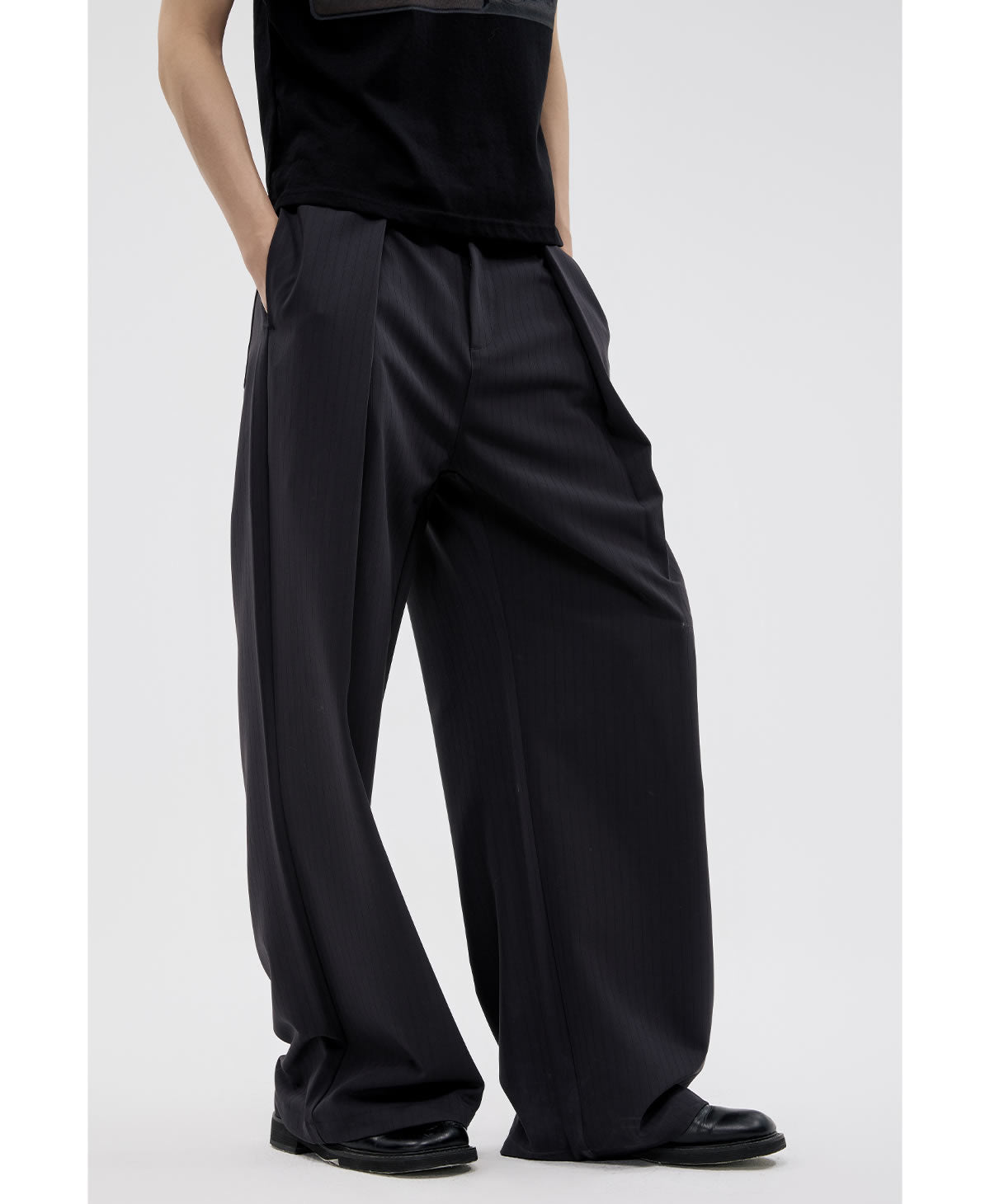 Dark Pinstripe Wide Pleated Relaxed Straight Pants [ID:0310PA]