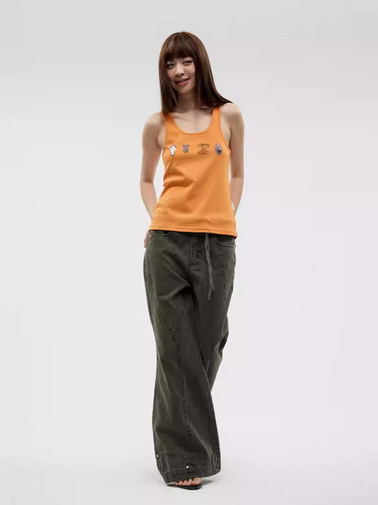 Washed Twill Vintage Contrast Stitching Flared Pants  [ID:0311PA]