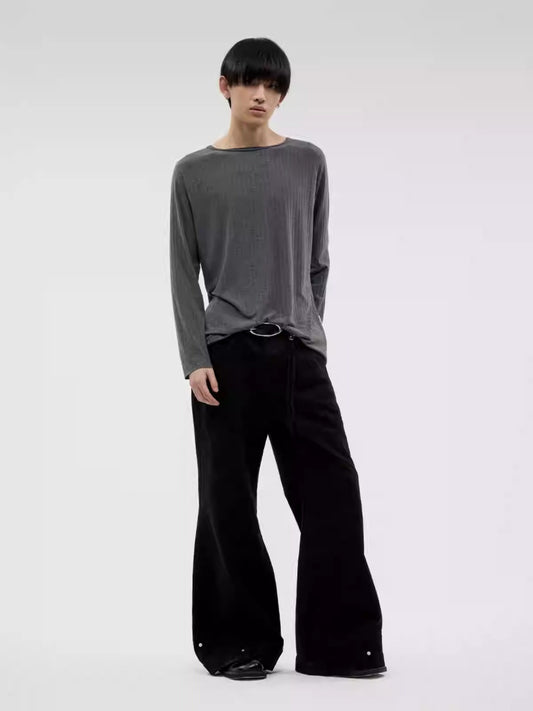 Washed Twill Vintage Contrast Stitching Flared Pants  [ID:0311PA]