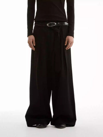 Tie Loop Waist Wide-Leg Straight Black Pants [ID:0313PA]