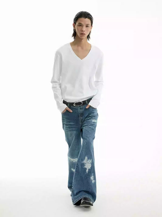 Distressed Patch Cat-Whisker Washed Straight Pants [ID:0314PA]