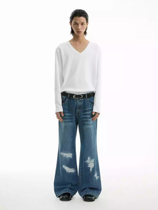 Distressed Patch Cat-Whisker Washed Straight Pants [ID:0314PA]