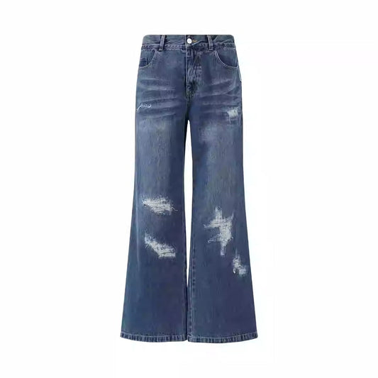 Distressed Patch Cat-Whisker Washed Straight Pants [ID:0314PA]