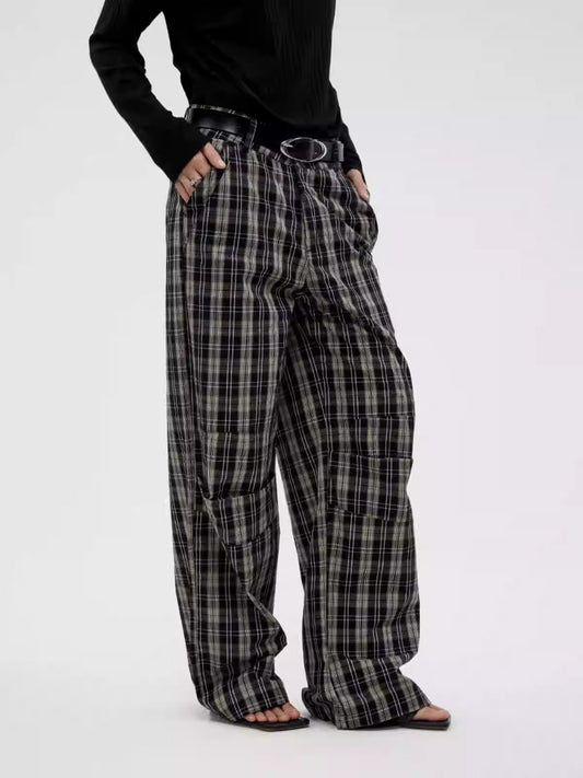 Pleated Check Pattern Relaxed Straight Pants [ID:0315PA]