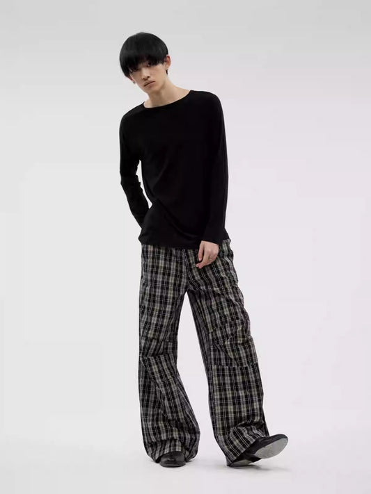 Pleated Check Pattern Relaxed Straight Pants [ID:0315PA]