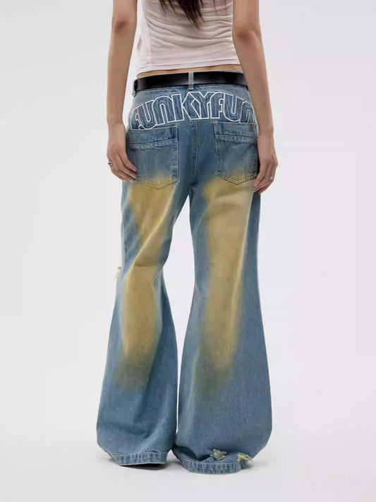 Washed Flared Wide-Leg Distressed Blue Denim Pants [ID:0317PA]