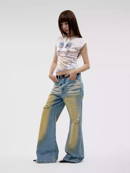 Washed Flared Wide-Leg Distressed Blue Denim Pants [ID:0317PA]