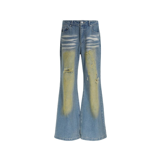Washed Flared Wide-Leg Distressed Blue Denim Pants [ID:0317PA]