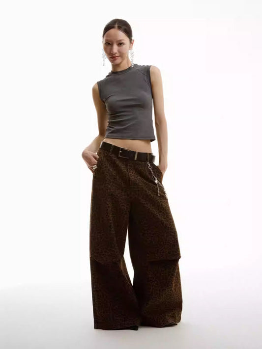 Dark Leopard Pleated Wide-Leg Casual Pants [ID:0321PA]