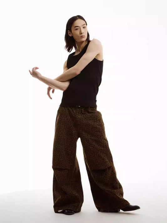 Dark Leopard Pleated Wide-Leg Casual Pants [ID:0321PA]