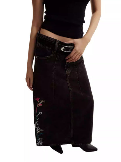 Embroidered Floral Vintage Washed Black Denim Skirt [ID:0322SK]