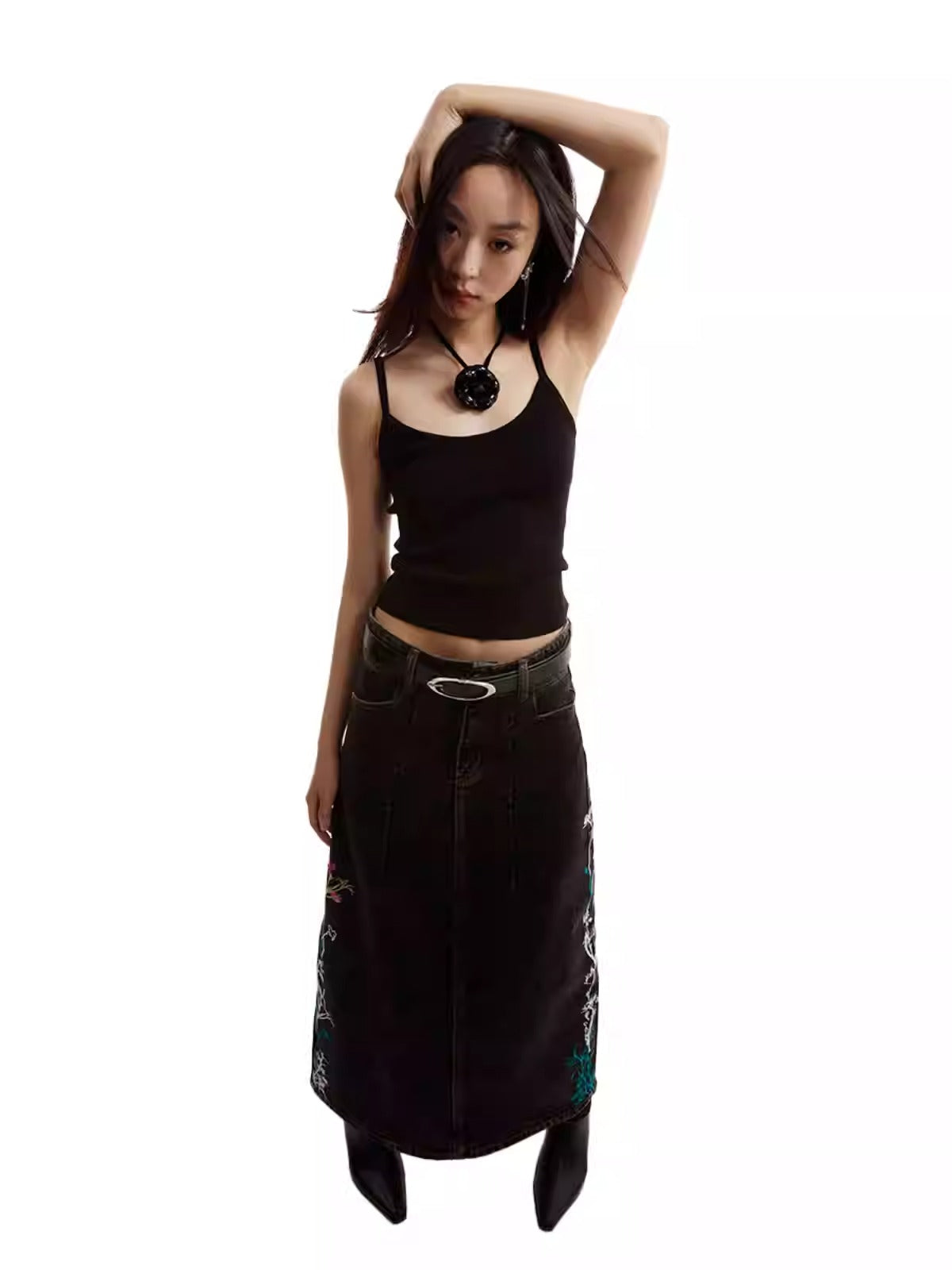 Embroidered Floral Vintage Washed Black Denim Skirt [ID:0322SK]
