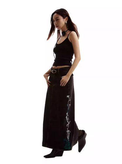 Embroidered Floral Vintage Washed Black Denim Skirt [ID:0322SK]
