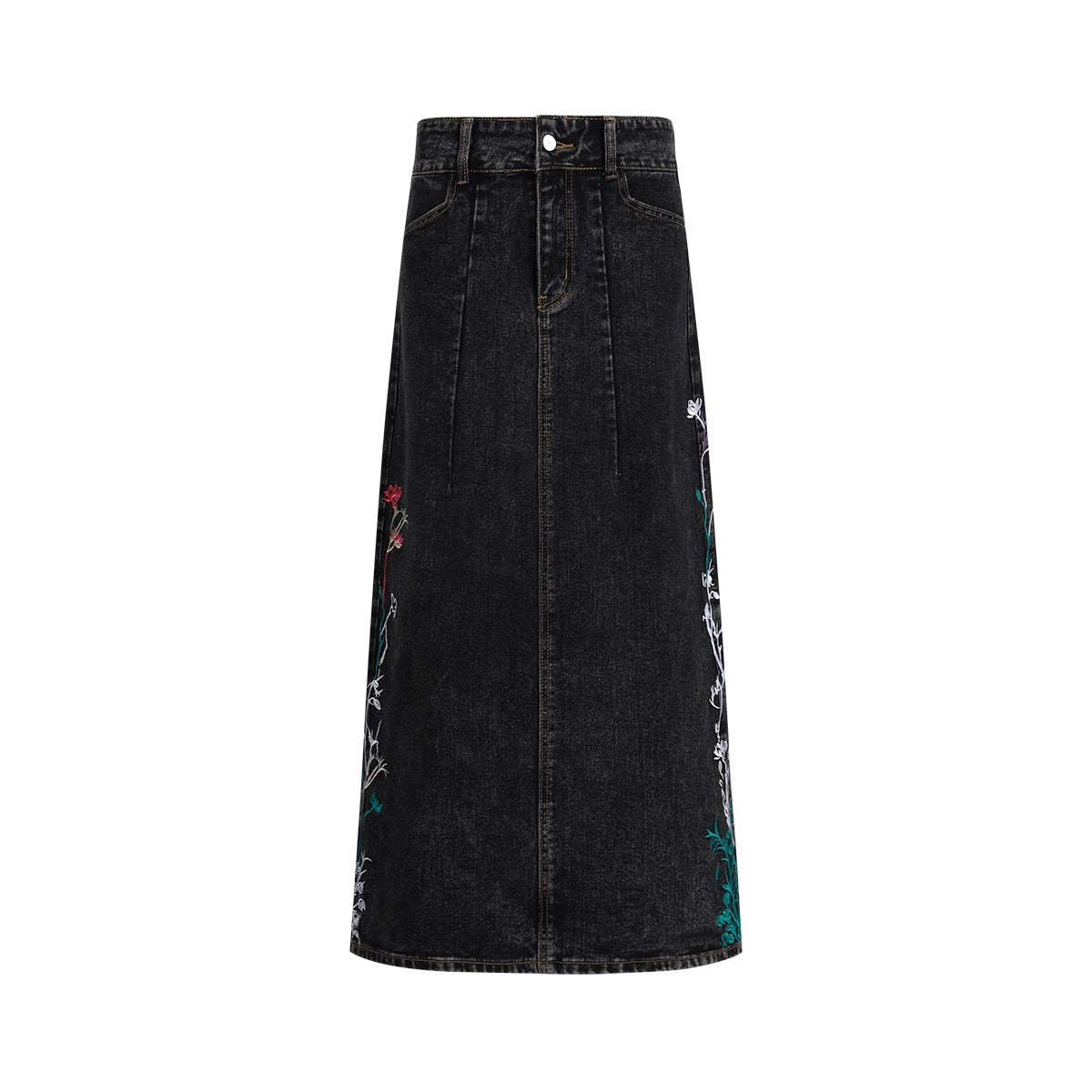 Embroidered Floral Vintage Washed Black Denim Skirt [ID:0322SK]