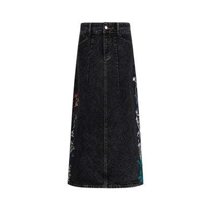 Embroidered Floral Vintage Washed Black Denim Skirt [ID:0322SK]