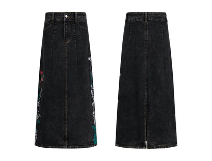 Embroidered Floral Vintage Washed Black Denim Skirt [ID:0322SK]