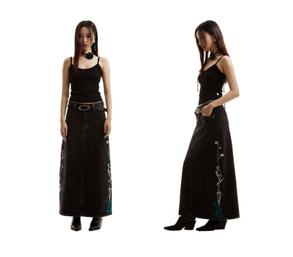 Embroidered Floral Vintage Washed Black Denim Skirt [ID:0322SK]