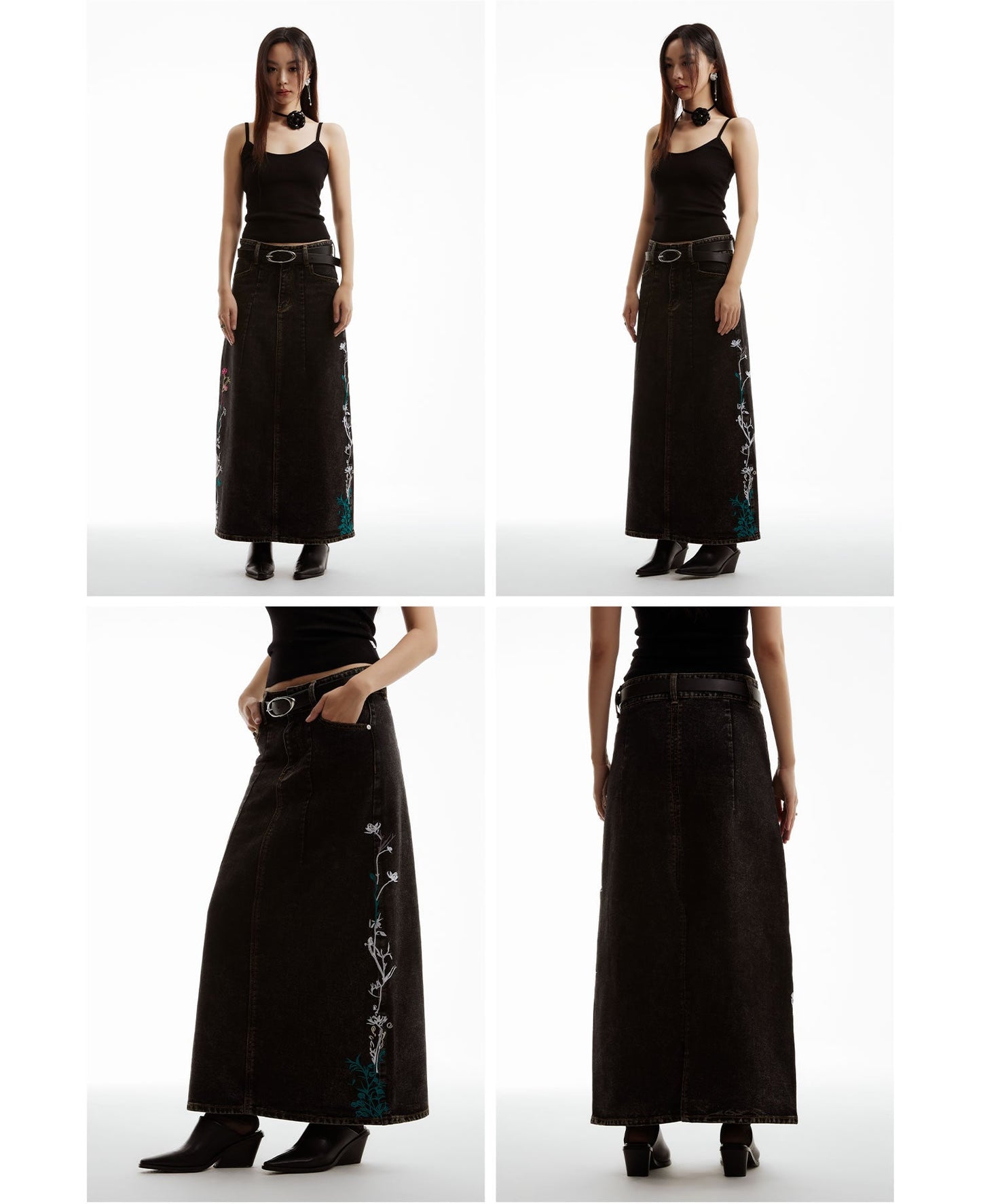 Embroidered Floral Vintage Washed Black Denim Skirt [ID:0322SK]