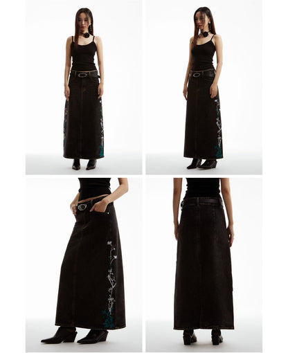 Embroidered Floral Vintage Washed Black Denim Skirt [ID:0322SK]
