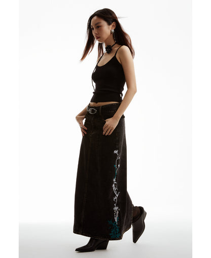 Embroidered Floral Vintage Washed Black Denim Skirt [ID:0322SK]