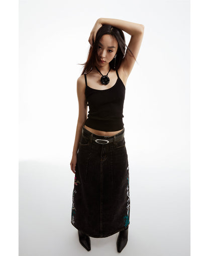 Embroidered Floral Vintage Washed Black Denim Skirt [ID:0322SK]