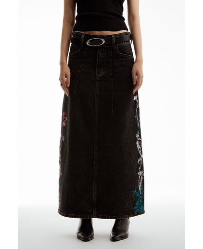 Embroidered Floral Vintage Washed Black Denim Skirt [ID:0322SK]
