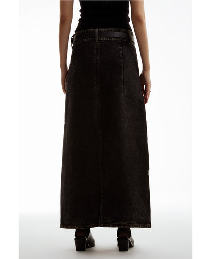 Embroidered Floral Vintage Washed Black Denim Skirt [ID:0322SK]