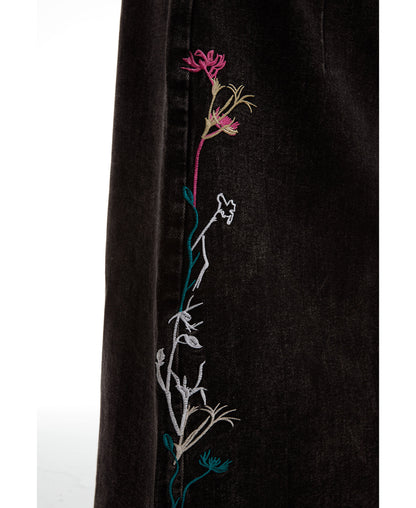 Embroidered Floral Vintage Washed Black Denim Skirt [ID:0322SK]