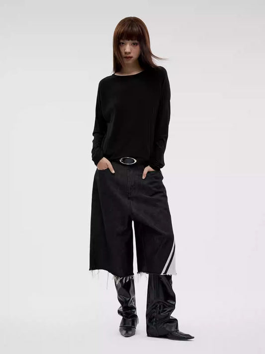 Original Color Block Fringe Hemmed Three-Quarter Denim Pants [ID:0323PA]