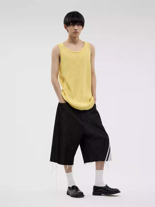 Original Color Block Fringe Hemmed Three-Quarter Denim Pants [ID:0323PA]
