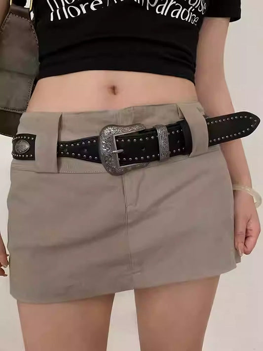 High-End Retro Black with Punk Rivet Design Belt [ID:0332BE]