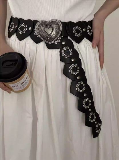 Black Western Cowboy with Metal Rivets Heart Belt [ID:0333BE]