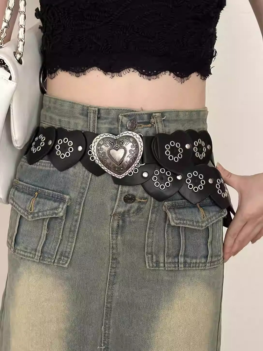 Black Western Cowboy with Metal Rivets Heart Belt [ID:0333BE]