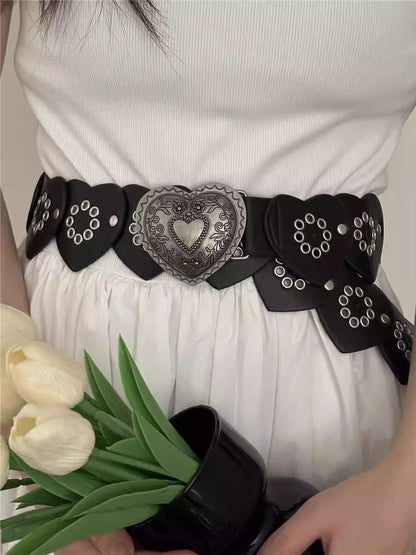 Black Western Cowboy with Metal Rivets Heart Belt [ID:0333BE]