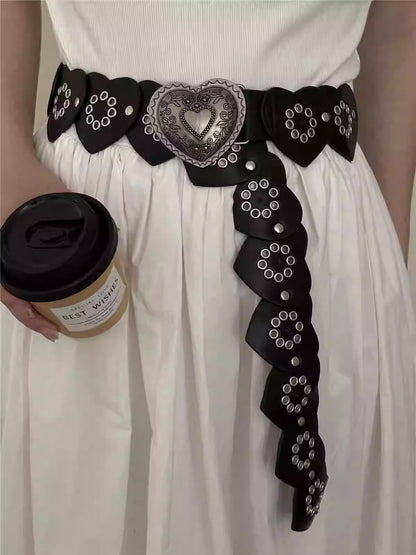 Black Western Cowboy with Metal Rivets Heart Belt [ID:0333BE]